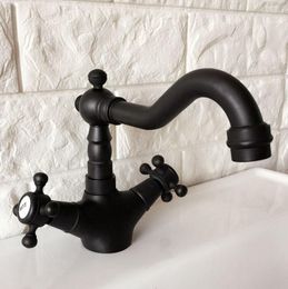 Bathroom Sink Faucets Black Oil Rubbed Brass Swivel Spout Double Cross Handles Kitchen Bar Vessel Basin Faucet Mixer Tap Anf348