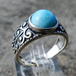 Cluster Rings Handcraft 925 Sterling Silver Antique Jewelry Blue Color Ring Natural Stone Larimar