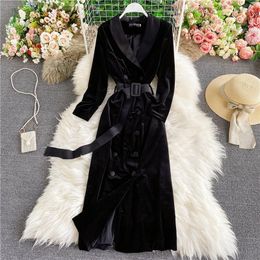 Women's Trench Coats Women's Coat Winter Dress Vintage Notched Collar Wrap Black Velvet Maxi Windbreaker Warm Long Outerwear Female