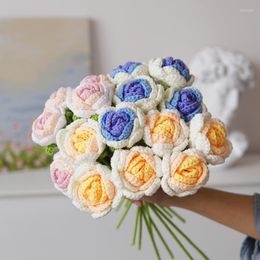 Decorative Flowers 5 Branches Roses Artificial Knitting Pink Red Wedding Bouquet DIY Finished Home El Deor