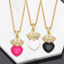 Pendant Necklaces FLOLA Ins Enamel Fuchsia Heart Necklace For Women Girls Copper Zircon Crown Romantic Jewellery Gifts Her Nkeb415
