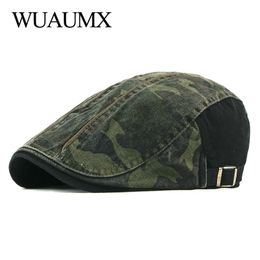 Wuaumx Spring Autumn Camouflage Berets Hats Men Women Herringbone Caps Washed Cotton Newsboy Cap Cabbie Ivy Flat Hat Adjustable