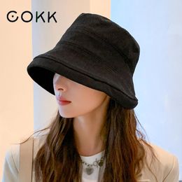 COKK Autumn Winter Hat Women Cotton Bucket Hat Wide Brim Fisherman Cap Foldable Outdoor Solid Color Bob Cap Gorro New