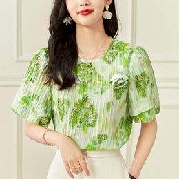 Women's Blouses Real Silk Vintage Blouse Summer Elegant Shirts Fashion Short Puff Sleeve Woman Floral Print Shirt Tops
