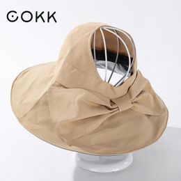 COKK Summer Hats For Women Black Solid Colour Big Bow Empty Top Sunshade Uv Protection Bucket Hat Foldable Breathable New 2022