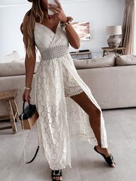 Basic Casual Dresses Summer V Neck Solid Colour Lace Hollow-Out Sleeveless Sling Party Wear High Waist Rompers Holiday Casual White Women's Jumpsuit 230629
