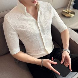 Men's Casual Shirts 2023 British Style Business Formal Wear Tuxedo Half Sleeve Shirt Men Clothing V Neck Slim Fit Camisas De Hombre S-4XL