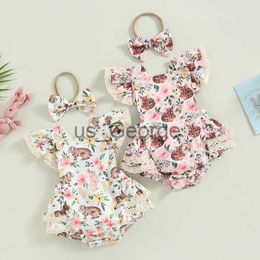 Clothing Sets Lovely Summer Newborn Baby Girls Easter Rompers Clothes Rabbit Floral Print Lace Ruffles Jumpsuits Headband Casual Clothes J230630
