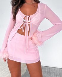 Women's T Shirts Feathers Trim Long Sleeves Tie-up Cardigans Spring Summer Sleeve See-Through Crop Tops Casual Smock