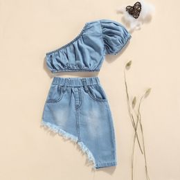 Clothing Sets Ma Baby 1 5Y Kids Girls Clothes Summer One Shoulder Crop Tops Skirt Blue Denim Outfits Children Costumes DD43 230630