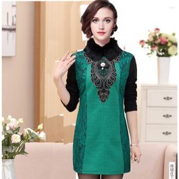 Casual Dresses Winter Thick Warm Faux Fur Collar Spring Tunic Embroidery Vintage Female Women Dress Blue Red Green XL-4XL