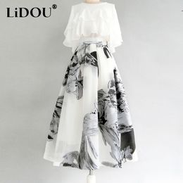 Two Piece Dress Summer Oversized Casual Fashion Ruffles Shirt Floral Printing Skirts Set Ladies Solid Short Blouse High Waist A-line Skirt Suit 230629