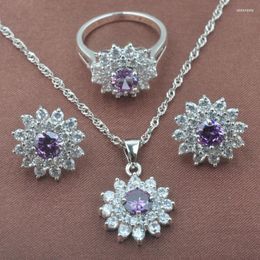 Necklace Earrings Set Band Purple Crystal White CZ Women's Silver Colour Pendant Ring TZ0466