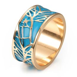 Huitan Vintage Sky Blue Enamel Rings Women for Party Gold Color Band Personality Female Accessories Anniversary Gift New Jewelry