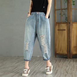 Women's Jeans Summer Thin And Torn Denim Capris For Women With Elastic Waist Small Leg Harlan Pants