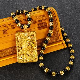 Pendant Necklaces Buddhism Blessing Dragon Hand carved for Women Men Obsidian Beads Real 24K Gold Domineering Choker Jewellery 230630