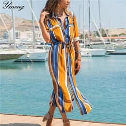 Casual Dresses Yming Long Dress Women Button Party Turn Down Collar Striped Print Midi Elegent Vintage Vestidos