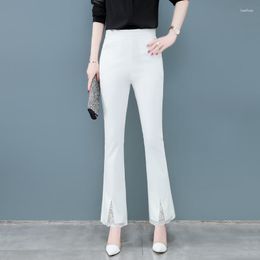 Women's Pants High Waist Women Skinny Stretch Flare Trousers White Black Large Size Elegant Office Lady Ankle-Length With Lace