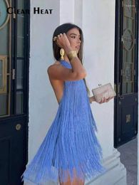 Basic Casual Dresses Casual Dresses Sexy Slim Women Fringe Halter Mini Summer Backless o Neck Sleeveless Short Vestidos Fashion Ladies Night Club Party Robe V4Q9