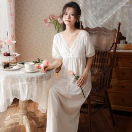 Women's Sleepwear Vintage Long Style Cotton Nighgown Sexy Lace V-neck Short Sleeves Night Dress For Women Summer Loose Ankle-Length Home