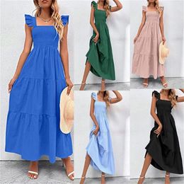 Cross-border Solid Colour Skirts Square Collar Sleeveless Cake Skirt Strap Splicing Wooden Ear Long Style Skirt For Girl High Quality With 5 Colour