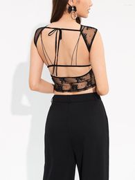 Women's T Shirts Sexy Lace Patchwork Sheer Mesh Crop Top With Open Back And Floral Tie-Up Tank For Women S Summer Streetwear In Black