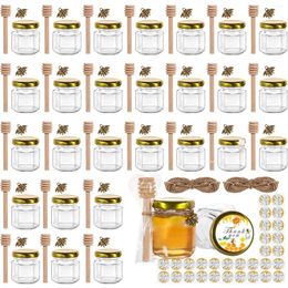 Party Decoration Hexagon Mini Glass Honey Jars With Wood Dippers Gold Lids Bee Pendants Jutes Stickers Perfect For Baby Shower Wedding