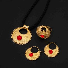 Earrings Necklace Earrings Necklace Blue Red Green Stone Ethiopian Pendant Necklaces Earrings Ring Gold Colour Africa Bride Wedding Jewellery Set 230506 Z230630