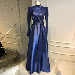 Navy Blue Bead Muslim Prom Dresses High Neck Long Sleeve Sequin Islamic Formal Evening Party Gown Pleat Arabic Dubai Robe De Soiree