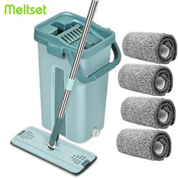 Mops 360 Rotating Flat Mop with Bucket Microfiber Flat Squeeze Mop Hand Free Wringing Floor Cleaning Mop Kitchen Floor Cleaning Mops 230629
