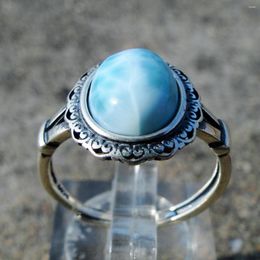 Cluster Rings Fascination Silver Adjustable Ring Solid 925 Sterling Oval Cut 8x10mm Natural Larimar Jewelry