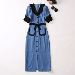 2023 Summer Blue Contrast Colour Panelled Dress Short Sleeve Lapel Neck Double Pockets Single-Breasted Casual Dresses A3L201537
