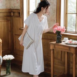 Women's Sleepwear Cotton Short Sleeve Night Dress Women White Fairy Long Peignoir Loose Robe Vintage Lace Victorian Nightgowns Princess