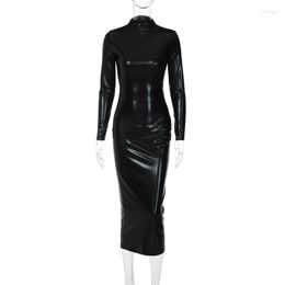 Casual Dresses DISCVRY Black Midi Bodycon Dress Sexy Women Turtleneck Long Sleeve Pu Leather Party Club Elegant 2023 Autumn Winter