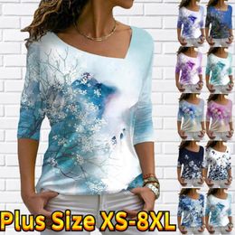 Women's T Shirts Floral Theme Painting Long Sleeve T-shirt Print V Neck Basic Tops / 3D XS-8XL