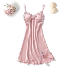 Women's Sleepwear Sexy Satin Silk Nightgown Lace V Neck Dress Summer Padded Pyjama Suspender Home Wear Nightdress