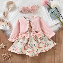 Clothing Sets Newborn Girl Casual Romper Outfits Long Sleeve Floral Printed Patchwork Dress Style Playsuit BowKnot Decor Headband Set J230630