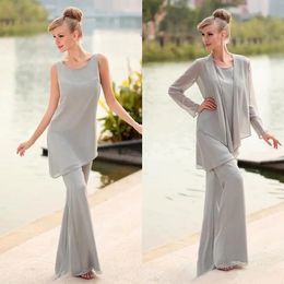 2 piece Lady Elegant Clothing Mother Of the Groom Bride Pant Suits with Wrap Jacket Chiffon Pant Suits Mother's Formal Party Wear Affordable