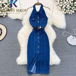 Casual Dresses Blue Jeans Dress Women Sleeveless Single Breasted Lapel Denim Mid Long Sexy Backless Slim Fashion Summer Female