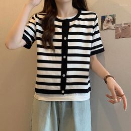 Women's Sweaters Button Patchwork Knitted Tshirt Large Size Women Sweater Tops 2023 Summer Striped Short Sleeve O-neck Stylish Loose Fashion