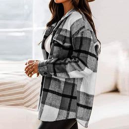 Women's Jackets Overcoat Classic Button Down Plaid Printed Blouses Winter Fleece Lined Lapel Snow Coat Shirts Outwear With Pockets