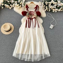 Casual Dresses 2023 Summer Women Long Tulle Dress Strap Patchwork Jacquard Princess Off Shoulder Velvet Bow Sleeve Mesh Fairy Patry