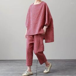 Women's Two Piece Pants Cotton Linen Sets Short Sleeve Vintage Plaid Tops And Casual Oversized Korean Fashion Women Outfits