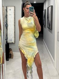 Casual Dresses In 2023 Summer O-neck Sleeveless Yellow Print Irregular Bodycon Dress Women Fashion Sexy High Waist Mid-calf Tank