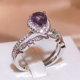 925 Stamp Jewellery Couple Purple Water Drop Zirconia Ring Female New Fashion Wedding Party Birthday Jewellery Gift