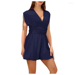 Casual Dresses Women Strappy Mini Dress Sexy Backless Sleeveless Pleated Short Skirt Solid Color Halter Party 2023 Summer Slim