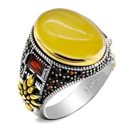 With Side Stones 925 Sterling Silver Natural Onyx Ring for Men Male Women Turkish Jewellery with Oval Yellow Agate Stone Gold Vintage Birthday Gift 230629