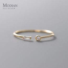 With Side Stones Modian Real 925 Sterling Silver Simple Thin Clear CZ Finger Rings Adjustable 14K Gold Ring For Women Wedding Jewelry Gifts 230629