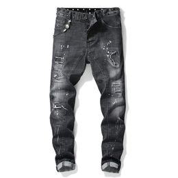 mens rivets stitching black jeans trendy streetwear slim stretch denim pants tattered splash paint hole jeans nails beggar pants251h