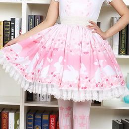 Dresses Pink Bunny Cherry Blossoms Print Lolita Skirt Soft Sister Cartoon Rabbit Pleated Princess Lace Romantic Girl Skirts for Women